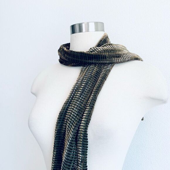 Vintage Velvet Burnout Sheer Mesh Stripe Green Brown Scarf Y2K - Picture 3 of 6